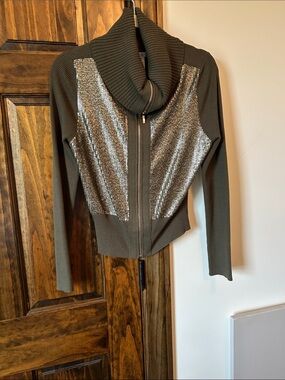 Cache Olive Green Zip-Up Cowl Neck Sweater with Silver Sequin Panels